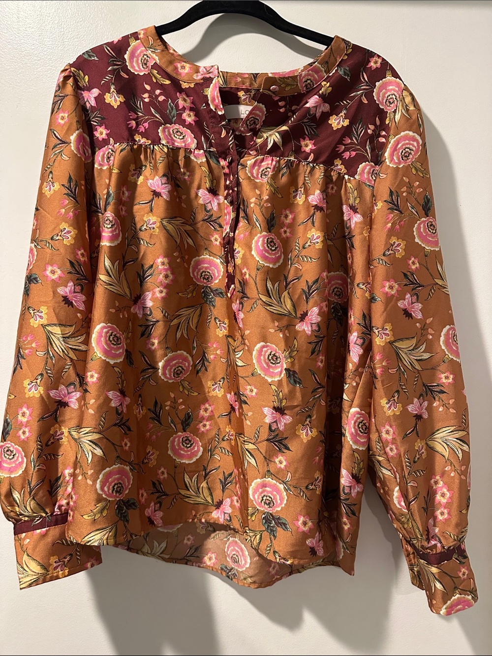 Floral Print Long-Sleeve Blouse - Rust Pink